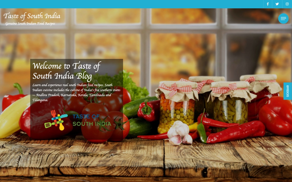 Taste of South India recipe website homepage