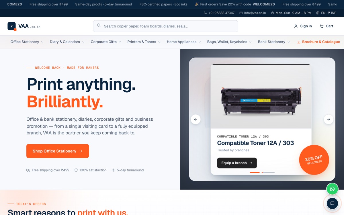 VAA print and stationery e-commerce website homepage